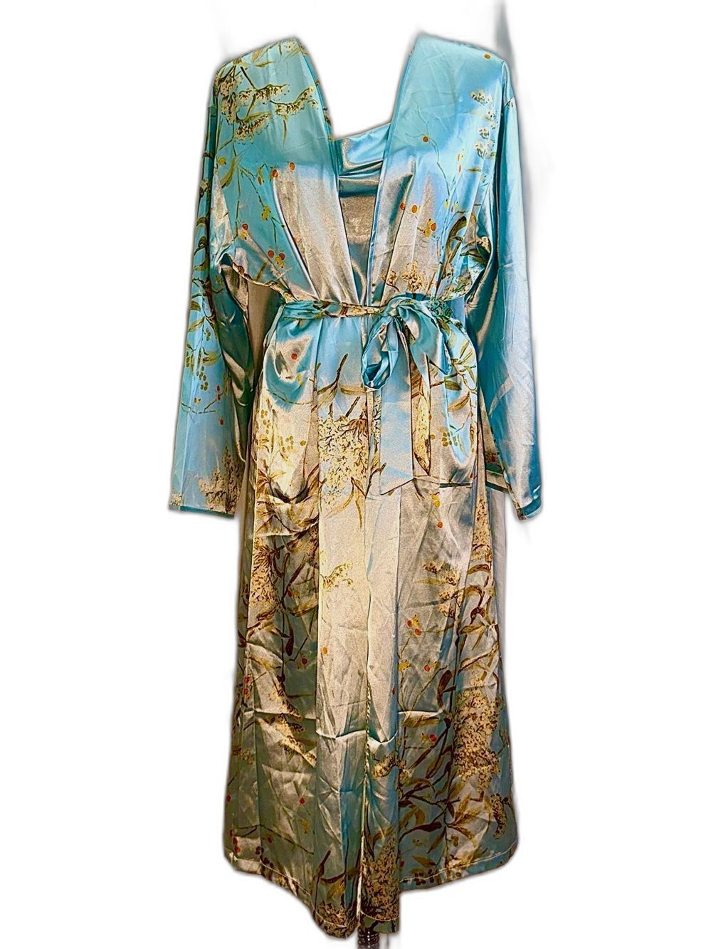 Light Blue Floral Satin Robe & Slip Nightgown with Belt Sz XL